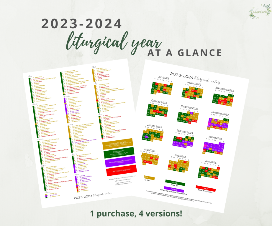 20232024 Catholic Liturgical Color Guide Calendar One Page Cheat