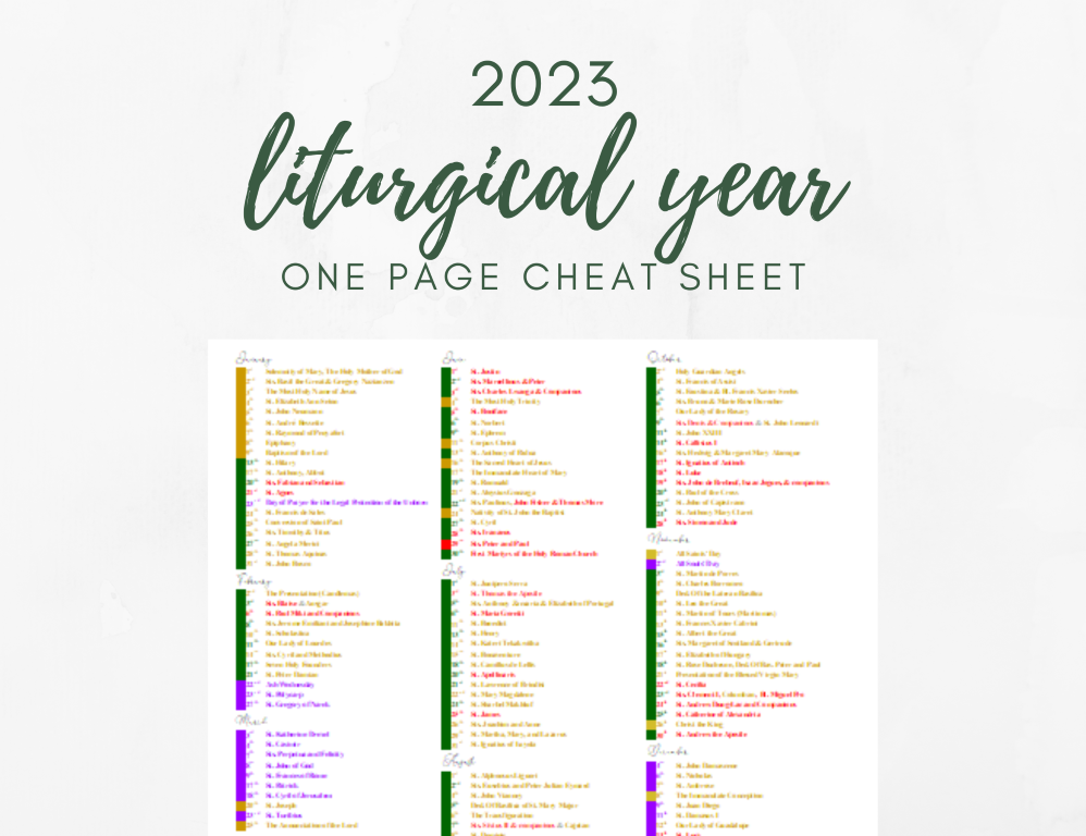 One Page 2023 Catholic Liturgical Calendar: Cheat Sheet Printable PDF