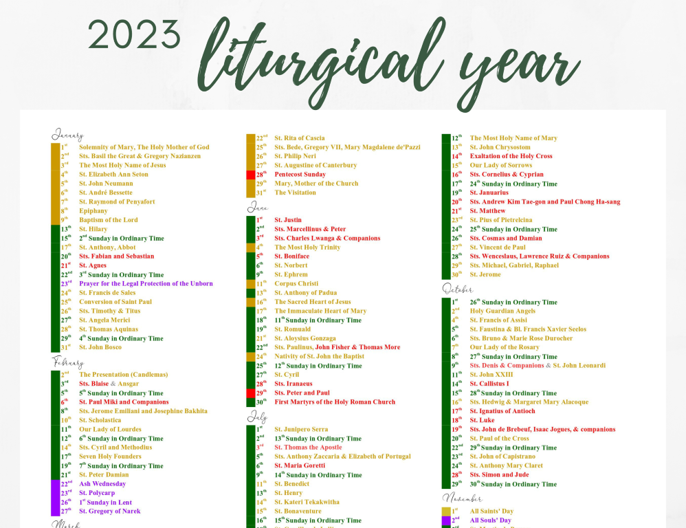 One Page 2023 Catholic Liturgical Calendar: Cheat Sheet Printable PDF